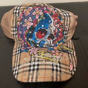 Ed Hardy by Christian Audigier Skull Flowers Tan Plaid Mesh Snapback Hat